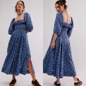 Free People Oasis Printed Blue Floral Long Sleeve Midi Dress